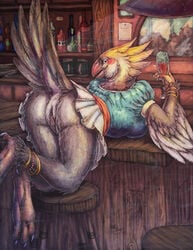 2011 acidapluvia alcohol anthro avian bar bent_over beverage bird drink female jewelry looking_at_viewer looking_back pussy raised_tail skirt solo