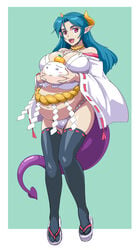 blue_hair cameltoe carrera clothing demon_girl fundoshi green_hair horns japanese_clothes large_breasts miko monster_girl muimui nontraditional_miko okobo panties pink_eyes pointy_ears pregnant ready_to_pop red_eyes sandals slit_pupils stockings succubus succubus_horns succubus_tail tabi tail thighhighs viper_(series) viper_gts