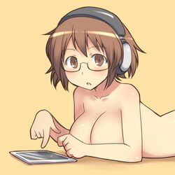 1girls aaaa arm arms bare_shoulders blush breast_press breasts brown_eyes brown_hair cleavage clenched_hand female glasses headphones highres large_breasts looking_at_viewer lying nude on_stomach open_mouth original pointing shiny shiny_hair shiny_skin short_hair simple_background solo tablet tablet_pc