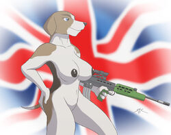 2011 anthro assault_rifle beagle blue_eyes breasts canine female flag fur furry gun holding mammal nude pose pussy ranged_weapon rifle sa80 solo spotty_the_cheetah union_jack weapon