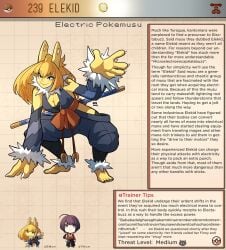 1boy 1girls :3 all_fours barefoot black_eyes black_nails blonde_hair breasts character_profile chibi cleavage elekid english_text female female_focus kinkymation long_hair male medium_breasts monster_girl nail_polish pokemon pokemusu smile solo_focus staff text yellow_body