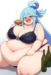 aqua_(konosuba) big_belly drunk eating fat fattening food kono_subarashii_sekai_ni_shukufuku_wo! morbidly_obese weight_gain