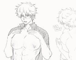 abs bankun0000 big_pecs blush gintama gintoki_sakata lactation male male_lactation male_only monochrome muscular muscular_male open_shirt pecs solo upper_body