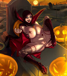 1girls big_breasts bimbo blue_eyes boots breasts busty cape cemetery cleavage fangs female grave gravestone graveyard halloween high_heel_boots high_heels hijab hijabi_vampire_queen hijabolic huge_breasts inviting jack-o'-lantern large_breasts muslim navel nipples open_mouth panties_aside pumpkin pussy sitting smile solo thighhighs thong vampire voluptuous