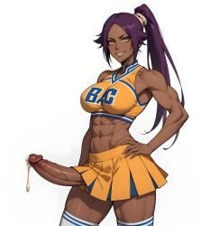 abs ai_generated big_breasts bleach cheerleader cheerleader_uniform cum_drip cum_dripping_from_penis dark-skinned_futanari eogard_orc futa_only futa_sans_pussy futanari hand_on_hip high_ponytail huge_cock kneesocks looking_at_viewer muscular_futanari purple_hair seductive_smile self_upload shihouin_yoruichi smiling stable_diffusion white_background yellow_eyes