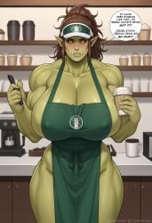 1girls ai_generated ambrose barista black_sclera blush brown_hair cleavage coffee_cup coffee_shop curvaceous embarrassed green_skin huge_breasts muscular muscular_female naked_apron nipple_bulge orc orc_female original_character pointy_ears ponytail self_upload sideboob stable_diffusion starbucks thick_thighs tusks visor wide_hips yellow_eyes