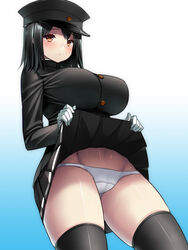 akitsu_maru_(kantai_collection) black_hair blush breasts female gloves hat kantai_collection large_breasts looking_at_viewer military military_uniform panties peaked_cap short_hair skirt skirt_lift solo thighhighs tsukumiya_amane underwear uniform white_gloves white_panties