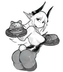 1girls ass black_horns burger demon_horns food heavenly_ass holding_food horn horns large_ass monochrome playboy_bunny pointy_ears rabbit_tail sketch voidsenight