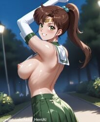 ai_assisted ai_generated akira_hentai arms_up back backview bowtie breasts breasts_out brown from_behind green hair inviting inviting_to_oral kneeling looking_at_viewer naked_back naked_breasts patreon_link patreon_reward patreon_username pink sailor_jupiter shushing sweating wet