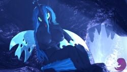 16:9 2018 3d absurd_res anthro anthrofied areola arthropod biped blue_hair breasts cave changeling digital_media_(artwork) female friendship_is_magic green_eyes hasbro hi_res hooves horn insect_wings my_little_pony nipples pupils queen_chrysalis_(mlp) sitting slit_pupils solo source_filmmaker thevioletghost widescreen wings