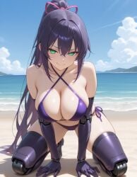 ai_generated armpits bikini boobs breasts green_eyes kirrie_ishida purple_bikini purple_hair robot_girl robot_humanoid robotic_arm robotic_legs sexy tits