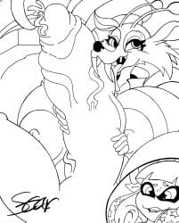 artist_signature black_and_white blue_sky_studios huge_breasts huge_cock ice_age_(series) incredistar licking_penis oc octoling_boy scratazon sharp_teeth