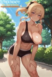 abs ai_generated blonde_hair blue_eyes bush covered_nipples day genshin_impact hands_on_own_knees jean_gunnhildr light-skinned_female light_skin looking_at_viewer nipples one_breast_out park ponytail royrathehot shorts sidelocks sky sports_bra sweat tree watermark