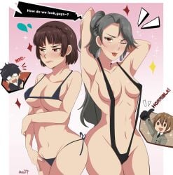 2boys 2girls big_breasts bikini breasts brown_hair comic comic_page exhibitionism exhibitionist female female_focus goro_akechi karbuitt large_breasts makoto_niijima male megami_tensei minidress multiple_boys multiple_girls persona persona_5 ren_amamiya sae_niijima silver_hair sisters sling_bikini swimsuit