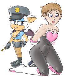 2girls bat baton blue_eyes breasts brown_hair cleavage clothed clothes clothes_swap cosplay costume_switch ear_piercing female female_only femdom gloves hair hat high_heels human insertion key lipstick mammal multiple_girls penetration piercing police rouge_the_bat rouge_the_bat_(cosplay) sega short_hair sonic_(series) sonic_x stomach_bulge sweat topaz_(sonic_the_hedgehog) unknown_artist vaginal_insertion vaginal_penetration wings yuri