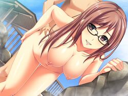 1boy against_wall amamiya_tsumugi ass ass_grab bangs bent_over black-framed_glasses blush breasts brown_hair cloud couple doggy_style dutch_angle female fence game_cg glasses grin hand_on_ass hanging_breasts happy_sex kinugasa_yuuichi kinugasi_yuuichi large_breasts long_hair looking_at_viewer navel nipples nude onsen outdoors puffy_nipples purple_eyes rock sex shiny shiny_skin sky smile solo_focus standing steam straight summer_swim! thigh_gap