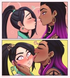 2girls blush female female/female female_only human kissing licking_cheek nikkikaji reyna_(valorant) sage_(valorant) valorant yuri