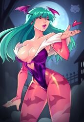 1girls 2022 absurd_res bat_print big_breasts capcom darkstalkers female female_only gauntlets green_eyes green_hair head_wings heart_cutout josephwolf leotard long_hair morrigan_aensland narrowed_eyes pantyhose pink_lipstick pink_pantyhose solo succubus