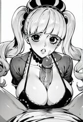 1boy admiring ai_generated big_breasts cleavage clothed clothing cum cum_on_breasts cumshot female greyscale happy huge_breasts huge_cock line_art looking_at_penis male monochrome one_piece paizuri paizuri_lead_by_female paizuri_on_lap paizuri_under_clothes paralap penis_awe penis_out perona titfuck_under_clothes titjob wide_hips