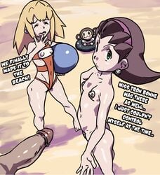 2girls beach beach_ball blonde_hair brown_hair closed_eyes earrings green_eyes hairband looking_at_viewer marnic mega_man mega_man_legends multiple_girls pasties penis roll_caskett small_breasts tron_bonne