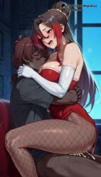 1boy 1girls ai_generated bare_shoulders black_hair black_shirt blush breast_sucking breasts brown_hair brown_pantyhose cleavage closed_eyes clothed_sex cowgirl_position cowgirl_position cum cum_in_pussy cum_overflow dark-skinned_female dark-skinned_male dark_skin dress elbow_gloves fishnet_pantyhose fishnets gloves gradient_hair hair_between_eyes hair_bun hug indoors interracial kono_subarashii_sekai_ni_shukufuku_wo! large_breasts long_hair multicolored_hair mykibuu open_mouth pantyhose penis purple_eyes red_dress red_hair saliva sex shirt sitting sitting_on_person straddling straight strapless strapless_dress sweat sylvia_(konosuba) teeth thighs two-tone_hair upright_straddle vaginal_penetration white_gloves window