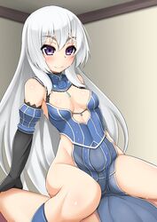 alfort_(may0508) blush cleavage clothed_female_nude_male cowgirl_position detached_sleeves hitsugi_no_chaika implied_sex layla_(hitsugi_no_chaika) long_hair no_panties nude purple_eyes smile sweat under_skirt white_hair