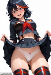 ai_generated ass_visible_through_thighs bangs black_hair black_skirt black_thighhighs blue_eyes blush breasts clothes_lift female high_resolution highres kill_la_kill lifted_by_self looking_at_viewer matoi_ryuuko medium_breasts multicolored_hair open_mouth panties patreon_username pleated_skirt red_hair school_uniform senketsu serafuku short_hair simple_background skindentation skirt skirt_lift smile solo stable_diffusion streaked_hair suspenders sweatdrop thighhighs thighs two-tone_hair underwear waifuscans418 white_background white_panties