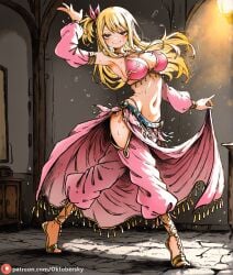 1girls ai_generated belly belly_dancer dancer_outfit dancing fairy_tail female harem_girl harem_outfit large_breasts lucy_heartfilia pink_panties pink_topwear silly silly_face solo