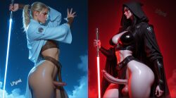 1futa 1male action_pose ai_generated big_ass big_breasts big_penis black_hair blonde_hair blue_eyes clothed clothing erect_penis erection face-off_position face-to-face facing_another fanart femboy fog futanari hi_res highres hood hood_up jedi lightsaber lpyxel mist mood_lighting original penis_out ponytail precum red_eyes self_upload sith small_penis star_wars thick_thighs trap watermark wide_hips widescreen