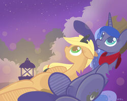 2014 anatomically_correct applejack_(mlp) bandana blonde_hair blue_eyes blue_fur blue_hair braddo clitoris cutie_mark duo earth_pony equine female feral friendship_is_magic fur green_eyes hair hairband hat horn horse lamp lying mammal my_little_pony night on_back on_side open_mouth orange_fur outside pony princess_luna_(mlp) pussy sky stars tiara unicorn