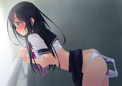 anal areolae ass bent_over black_hair blush breasts clenched_teeth clothed_masturbation clothing dildo dildo_under_panties double_penetration f-ism highres masturbation medium_breasts murakami_suigun nipple_piercing nipple_torture nipples object_insertion original panties penetration piercing school_uniform shirt shirt_lift skirt skirt_lift underwear vaginal_penetration vibrator vibrator_under_panties white_panties