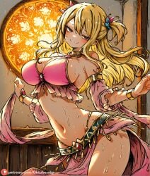 1girls ai_generated belly belly_dancer dancer_outfit dancing fairy_tail female harem_girl harem_outfit large_breasts lucy_heartfilia pink_panties pink_topwear silly silly_face solo