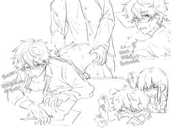 2boys anal anal_sex bankun0000 bent_over blush bottomless chibi chinese_text class_3-z from_behind gay gintama gintoki_sakata glasses katsura_kotarou long_hair long_hair_male looking_pleasured male male_only monochrome motion_blur no_visible_genitalia official_alternate_costume teacher teacher_and_student tears yaoi