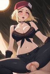 ahe_gao ai_generated blonde_female blonde_hair coco_(code_vein) code_vein eyeshadow hat huge_breasts large_breasts navel pale-skinned_female penis_in_pussy pleasure_face pussy_juice red_eyes spread_legs torn_clothes vaginal_penetration vaginal_penetration vaginal_sex