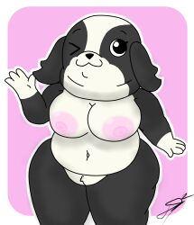 anthro ass belly big_breasts big_butt black_body black_fur breasts canid canine canis d13w0tt_(artist) dogs_in_space domestic_dog female fur mammal multicolored_body netflix nude nude_female one_eye_closed penelope_(dogs_in_space) short_stack simple_background slightly_chubby solo thick_thighs tibetan_spaniel toy_dog two_tone_body white_body white_fur wink