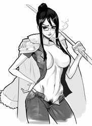 breasts cigarette female female_only glasses greyscale hand_on_hip jacket_on_shoulders long_hair looking_at_viewer midriff mikazuki_shigure monochrome navel one_piece open_clothes open_fly open_shirt pubic_hair shirt smoking solo standing sword tashigi weapon