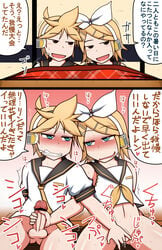 blonde_hair blue_eyes blush bottomless brother_and_sister clothing fingering hairbow handjob highres incest kagamine_len kagamine_rin kotatsu mutual_masturbation penis precum pussy short_hair siblings sweat table translated twincest twins under_kotatsu under_the_table vocaloid yagen_sasami