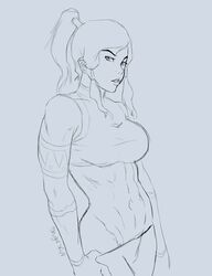 1girls abs avatar_legends black_and_white blue_background bracer breasts clothing female female_only hair_tubes human human_only korra medium_breasts muscle naughty_face nickelodeon pants_pull ponytail shugarskull solo straight_hair the_avatar the_legend_of_korra tied_hair water_tribe