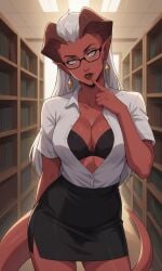 1girls ai_generated ass bigmic145 bra breasts cleavage critical_role critical_role:_vox_machina demon demon_girl female female_only glasses horns librarian long_hair pencil_skirt pointy_ears red_body red_skin shirt skirt tail teasing the_legend_of_vox_machina zahra_hydris