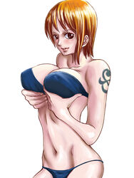 arm art bare_shoulders bikini blue_bikini blue_swimsuit blush breast_grab breast_hold breasts female female_only human iga_guri large_breasts lips looking_at_viewer midriff mound_of_venus nami nami_(one_piece) navel neck one_piece orange_hair pre-timeskip short_hair solo strapless strapless_bikini strapless_swimsuit swimsuit tattoo tubetop