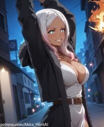 ai_assisted ai_generated akira_hentai big_breasts breasts breasts_out dark_skin dark_skinned_female fire_force inviting inviting_to_paizuri milf mommy mommy_kink paizuri patreon_link patreon_reward patreon_username princess_hibana showing_breasts white_hair