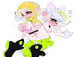 1boy1girl agent_4_(splatoon) breasts buttplug censored_pussy chinese_text dildo dildo_in_pussy inkling_boy inkling_girl insertion marie_(splatoon) nintendo raindrop_lemon_tea splatoon