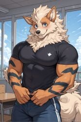 absurd_res ai_generated arcanine black_iris black_shirt black_stripes blue_eyes blue_pants blush broad_shoulders canid canine canis, cheek_tuft claws eyebrows facial_tuft fluffy_tail generation_1_pokemon hi_res looking_at_viewer male male_only mammal mountain muscular muscular_male nervous nervous_smile nintendo orange_body orange_fur pokemon pokemon_(species) school sky solo striped_body sweating tail teeth thick_thighs white_claws white_sclera yiffinar