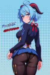 2025 2d ai_generated aigirl artist_collaboration ass black_panties blue_background blue_eyes blue_hair blue_skirt blush clothing detailed double_artist ecchi from_behind_position ganyu_(genshin_impact) genshin_impact gextor310 lewd looking_back panties_under_pantyhose pantyhose paurikai school_uniform schoolgirl self_upload tagme textured_background watermark wrong_eye_color