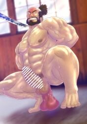 balls bara beard boner dildo dildo_in_ass dildo_sitting erection facial_hair genta_iwayama katsuie_shibata_(sengoku_musou) male male_only muscles muscular nude penis sengoku_musou solo solo_male sweat sweating