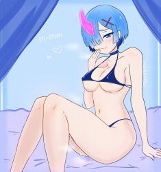 areola areola_slip blue_bra blue_clothing blue_eyes blue_hair blue_panties blue_underwear blush bodily_fluids bra closed_smile clothing eyelashes female genital_fluids hair horn humanoid mouth_closed narrowed_eyes navel norakaru panties pink_horn re:zero_kara_hajimeru_isekai_seikatsu rem_(re:zero) sitting smile solo tan_body tan_skin underwear vaginal_fluids