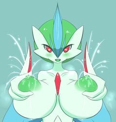 2014 anthro big_breasts blush breast_grab breasts cyan_background female female_gallade fondling gallade green_nipples green_tongue hair huge_breasts jcdr lactation looking_at_viewer mega_evolution mega_gallade nintendo nipples nude open_mouth plain_background pokemon pokemon_(species) red_eyes rule_63 smile solo video_games