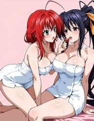 2girls ahoge ai_generated akeno_himejima antenna_hair bed big_ass black_hair blue_green_eyes blush couple crimson_hair curvy female_only hair_ribbon high_school_dxd large_breasts lesbian light_skin looking_at_each_other open_mouth orange_ribbon ponytail rias_gremory strawberry thick_thighs towel very_long_hair violet_eyes voluptuous yuri