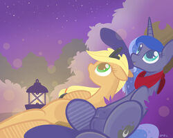 2014 anatomically_correct applejack_(mlp) bandana blonde_hair blue_eyes blue_fur blue_hair braddo clitoris crotchboobs cutie_mark duo earth_pony equine female feral friendship_is_magic fur green_eyes hair hairband hat horn horse lamp lying mammal my_little_pony night on_back on_side open_mouth orange_fur outside pony princess_luna_(mlp) pussy sky stars tiara unicorn