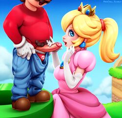 blonde_hair blue_eyes crown dress earrings elbow_gloves female fully_clothed gloves handjob human light-skinned_male light_skin male mario mario_(series) neocoill nintendo open_mouth penis ponytail precum princess_peach pubes smile straight super_mario_bros. tied_hair warp_pipe